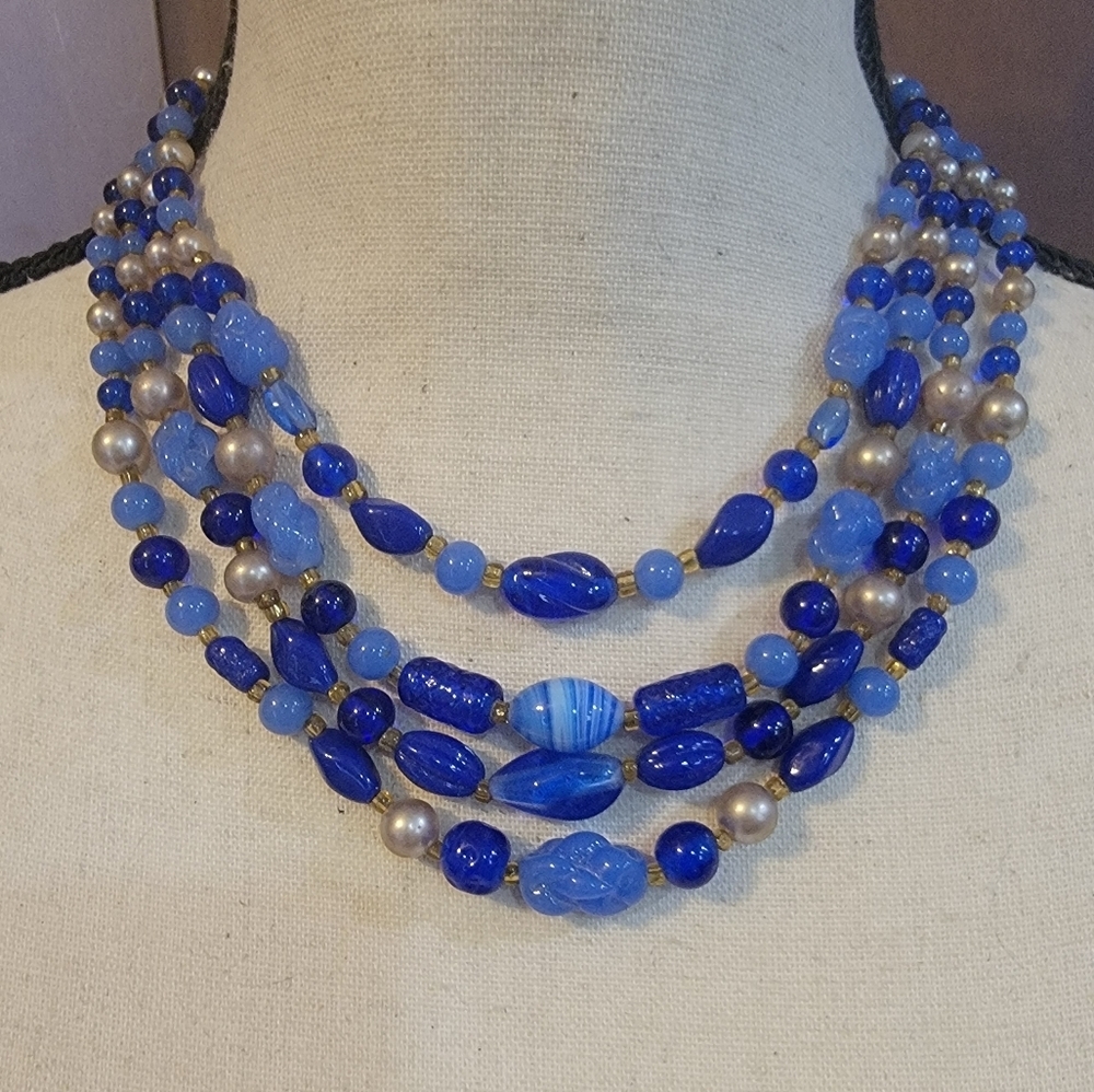 Vintage Japan Blue Glass Bead Multi Strand Necklace Gold Tone 14–17”